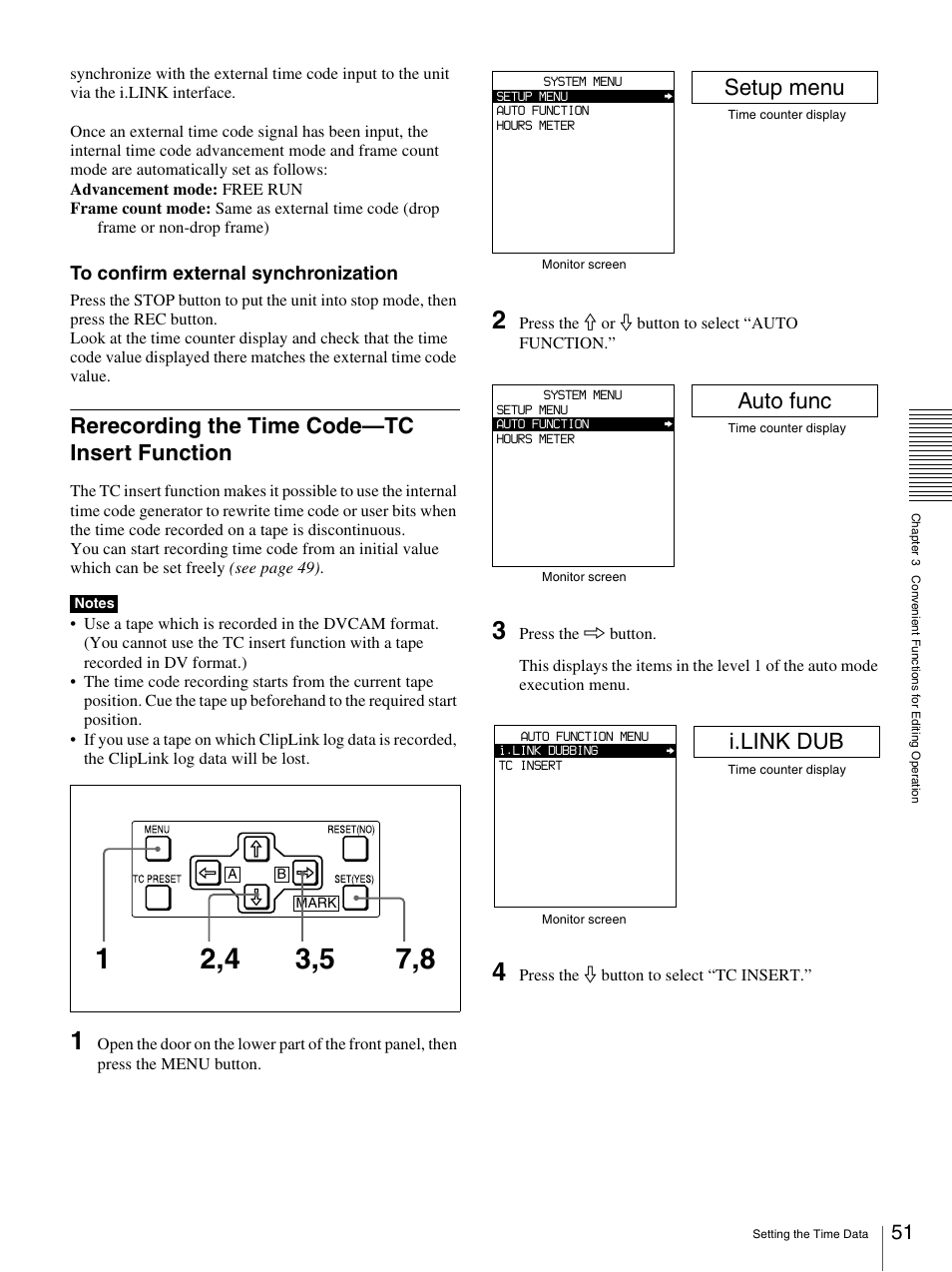 Rerecording the time code—tc insert function, Setup menu, Auto func | I.link dub | Sony DSR-1800AP User Manual | Page 51 / 112