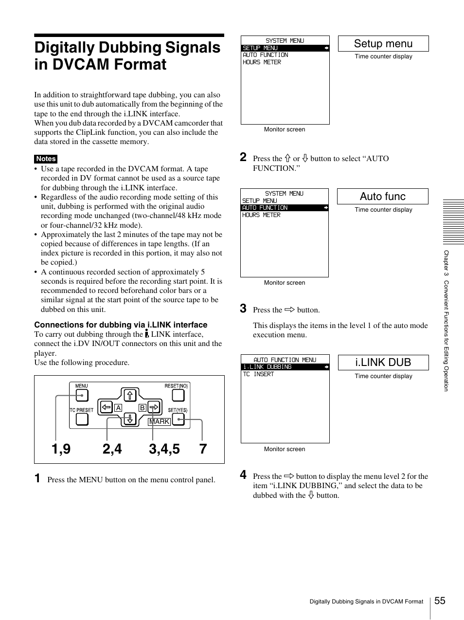 Digitally dubbing signals in dvcam format, Setup menu, Auto func | I.link dub | Sony DSR-1800AP User Manual | Page 55 / 112