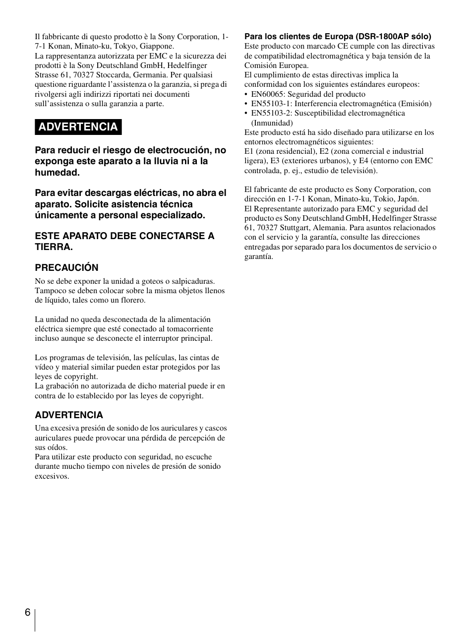 Advertencia | Sony DSR-1800AP User Manual | Page 6 / 112