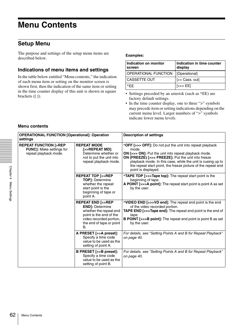 Menu contents, Setup menu, Indications of menu items and settings | Sony DSR-1800AP User Manual | Page 62 / 112