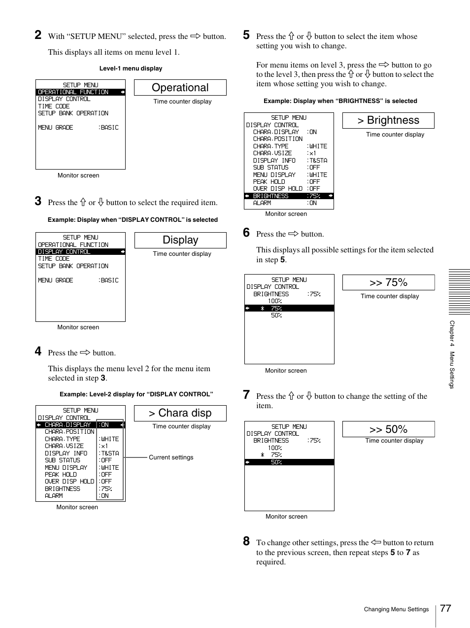 Operational, Display, Chara disp | Brightness | Sony DSR-1800AP User Manual | Page 77 / 112