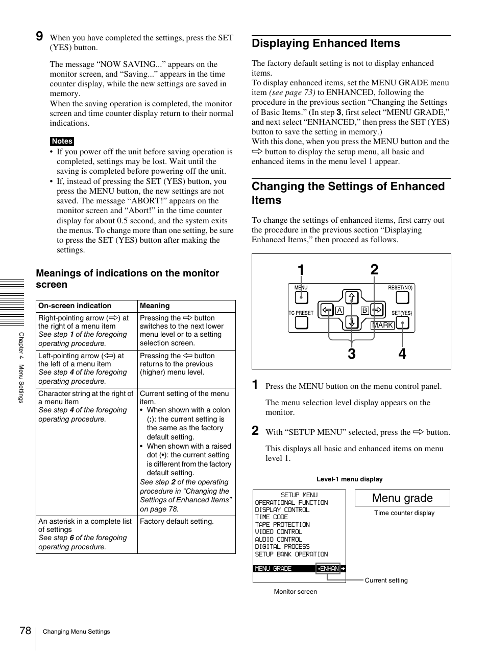 Displaying enhanced items, Changing the settings of enhanced items, Menu grade | Meanings of indications on the monitor screen | Sony DSR-1800AP User Manual | Page 78 / 112