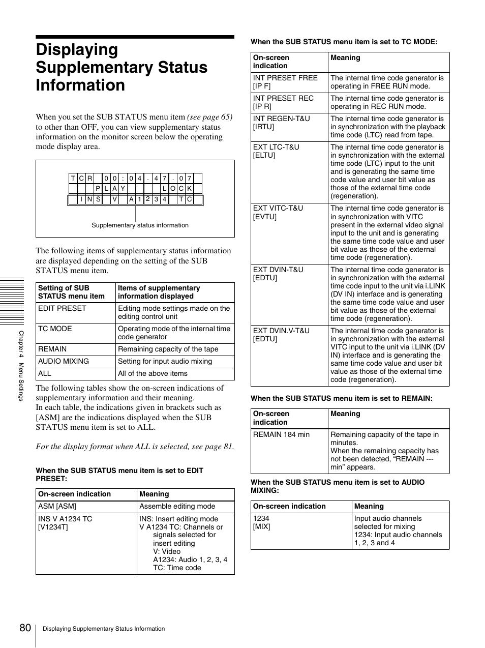 Displaying supplementary status information | Sony DSR-1800AP User Manual | Page 80 / 112