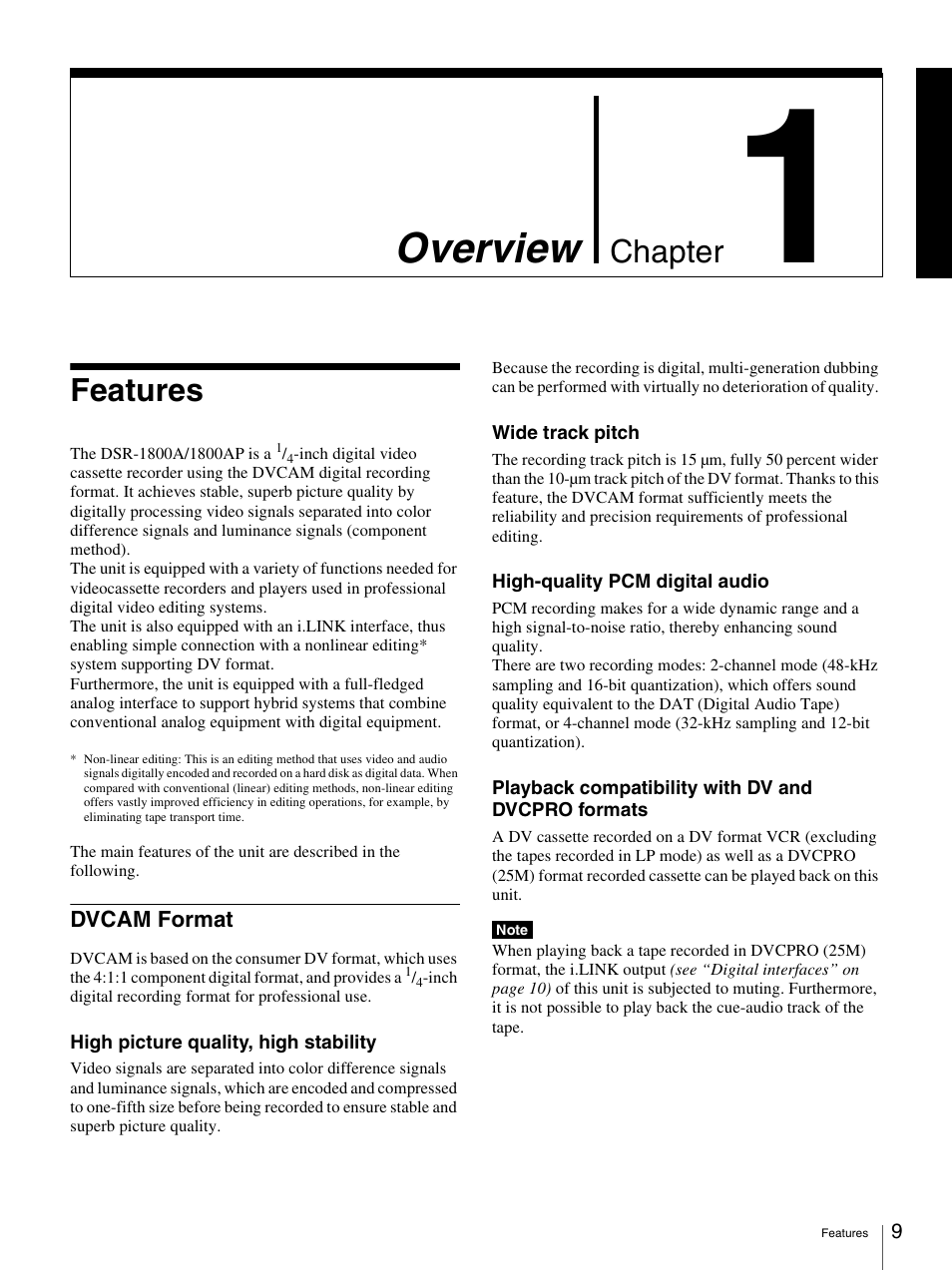 Chapter 1 overview, Features, Dvcam format | Overview, Chapter | Sony DSR-1800AP User Manual | Page 9 / 112