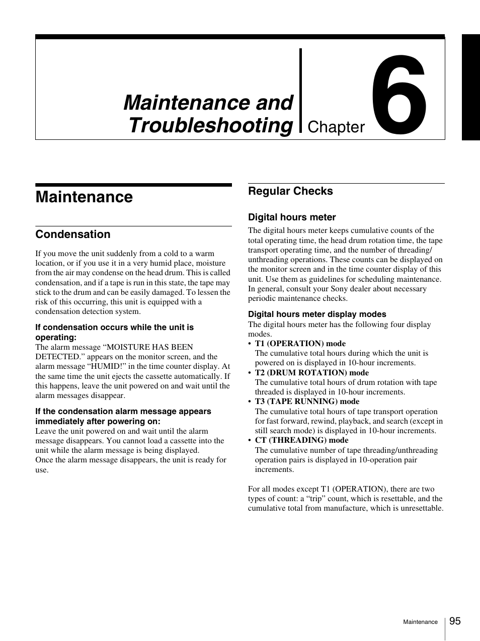 Chapter 6 maintenance and troubleshooting, Maintenance, Condensation | Regular checks, Condensation regular checks, Maintenance and troubleshooting | Sony DSR-1800AP User Manual | Page 95 / 112