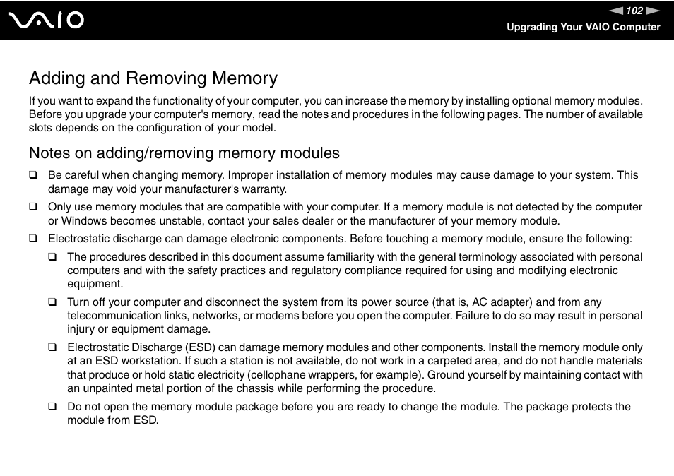 Adding and removing memory | Sony VGC-LS20 User Manual | Page 102 / 168