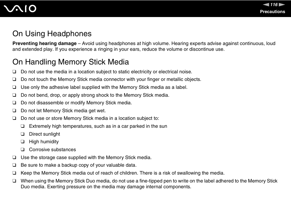 On using headphones, On handling memory stick media | Sony VGC-LS20 User Manual | Page 116 / 168