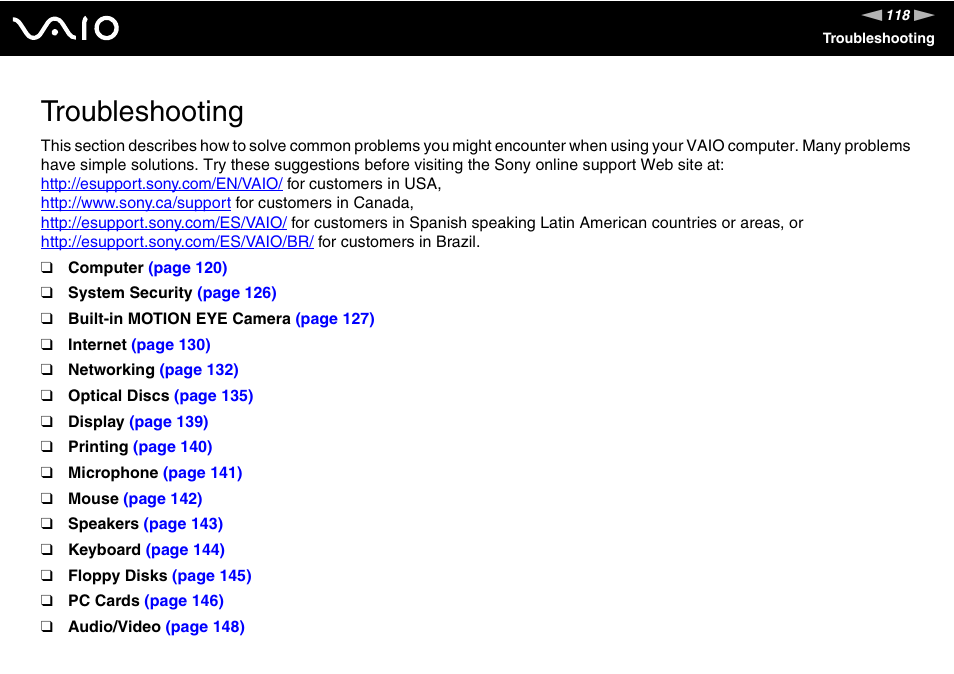 Troubleshooting | Sony VGC-LS20 User Manual | Page 118 / 168