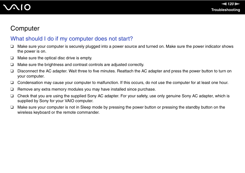 Computer, What should i do if my computer does not start | Sony VGC-LS20 User Manual | Page 120 / 168