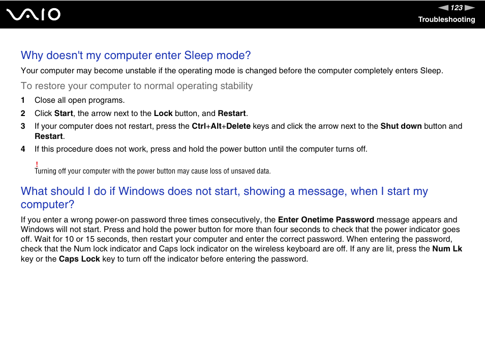 Why doesn't my computer enter sleep mode | Sony VGC-LS20 User Manual | Page 123 / 168