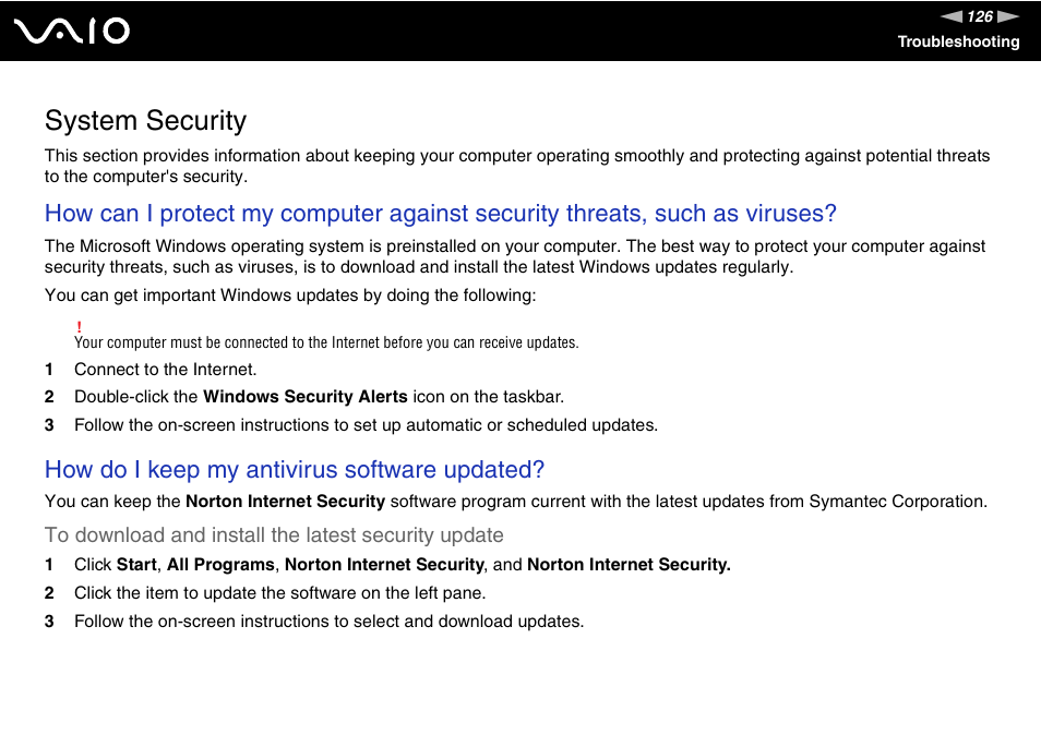 System security, How do i keep my antivirus software updated | Sony VGC-LS20 User Manual | Page 126 / 168