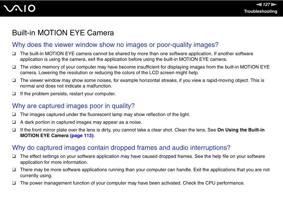 Built-in motion eye camera, Why are captured images poor in quality | Sony VGC-LS20 User Manual | Page 127 / 168