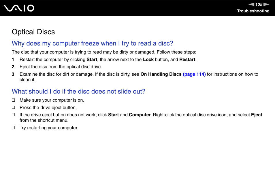 Optical discs, What should i do if the disc does not slide out | Sony VGC-LS20 User Manual | Page 135 / 168