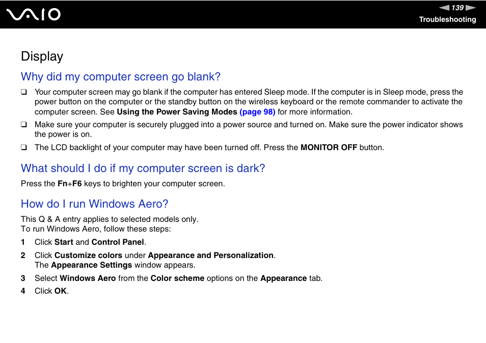 Display, Why did my computer screen go blank, What should i do if my computer screen is dark | How do i run windows aero | Sony VGC-LS20 User Manual | Page 139 / 168