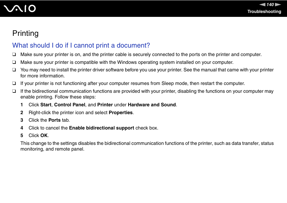 Printing, Inting, What should i do if i cannot print a document | Sony VGC-LS20 User Manual | Page 140 / 168