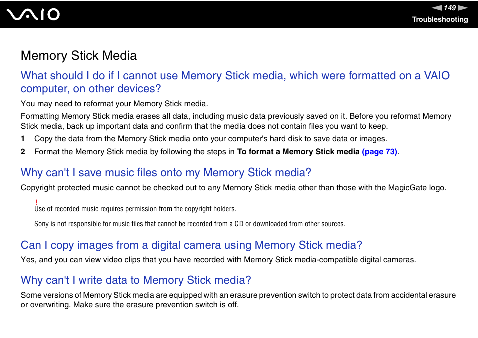 Memory stick media | Sony VGC-LS20 User Manual | Page 149 / 168