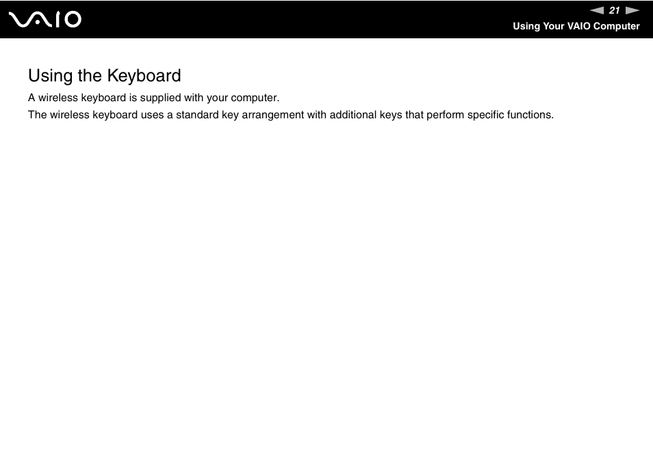 Using the keyboard | Sony VGC-LS20 User Manual | Page 21 / 168