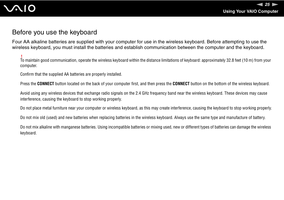 Before you use the keyboard | Sony VGC-LS20 User Manual | Page 25 / 168