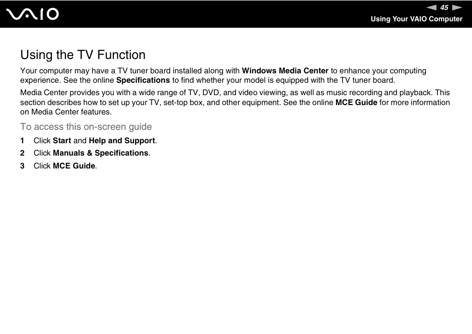 Using the tv function, Tion | Sony VGC-LS20 User Manual | Page 45 / 168