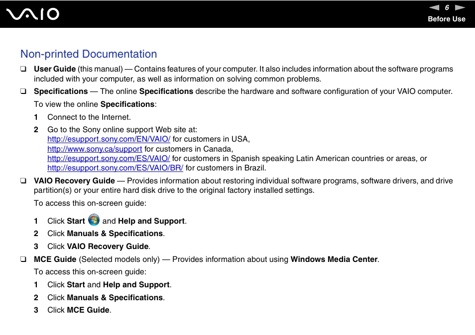 Non-printed documentation | Sony VGC-LS20 User Manual | Page 6 / 168