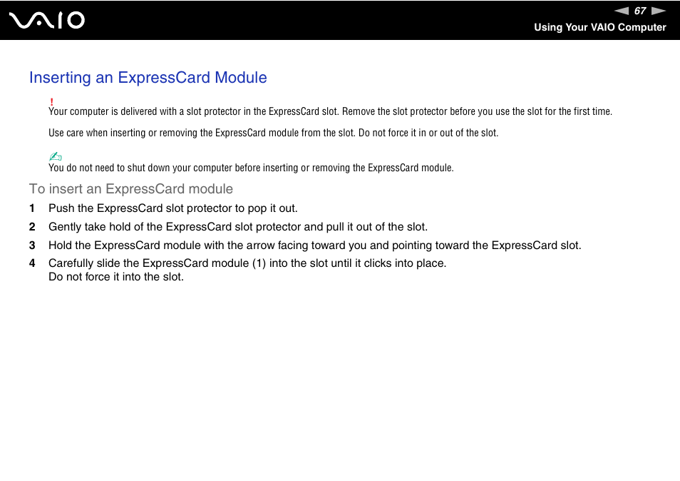 Inserting an expresscard module | Sony VGC-LS20 User Manual | Page 67 / 168