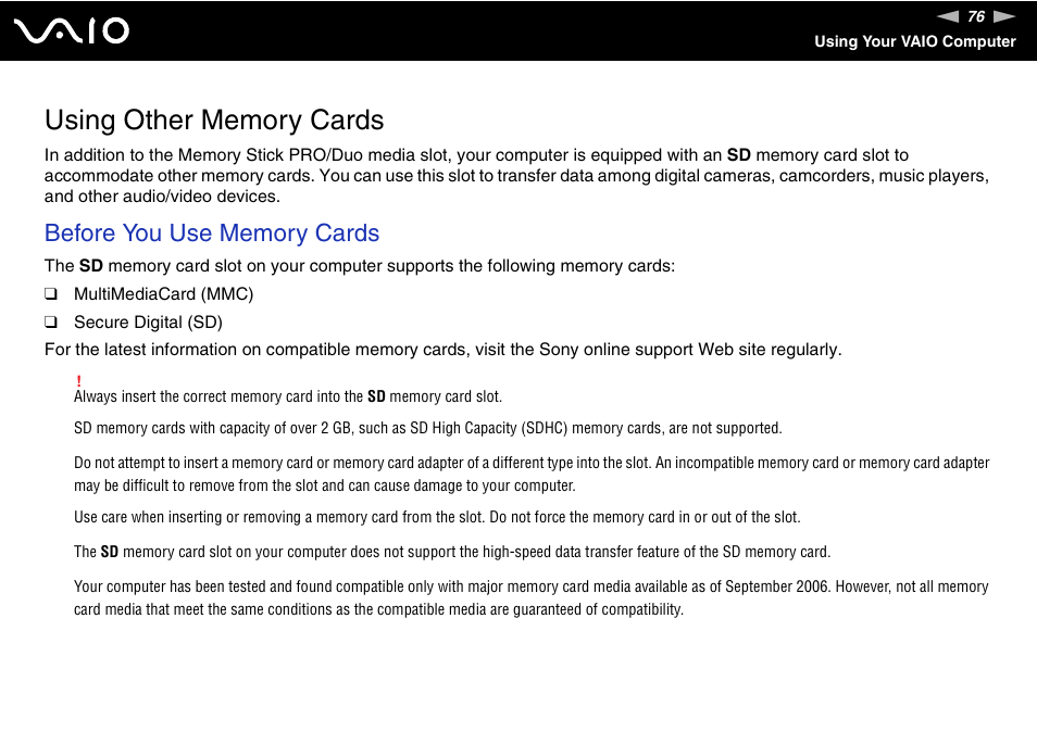 Using other memory cards | Sony VGC-LS20 User Manual | Page 76 / 168