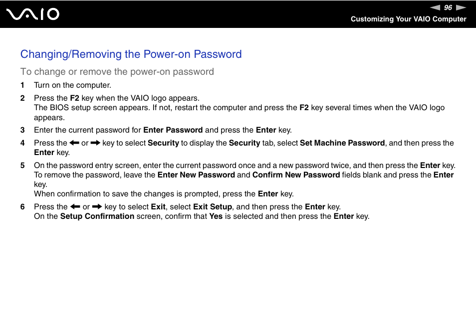 Changing/removing the power-on password | Sony VGC-LS20 User Manual | Page 96 / 168