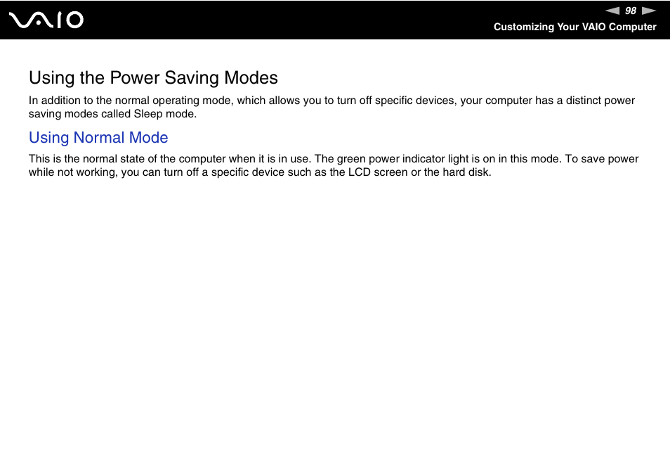 Using the power saving modes, Using normal mode | Sony VGC-LS20 User Manual | Page 98 / 168