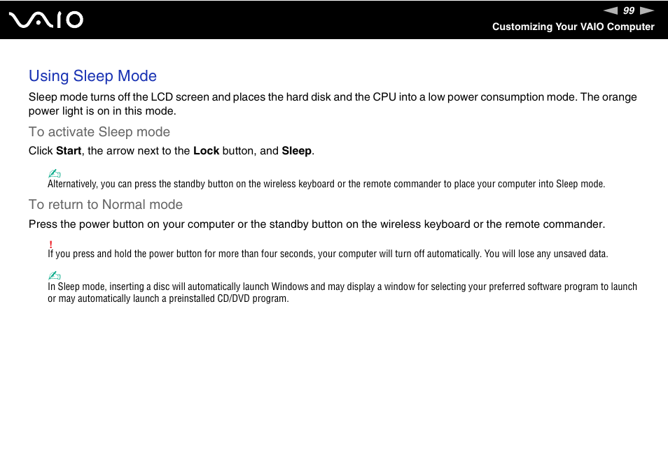 Using sleep mode | Sony VGC-LS20 User Manual | Page 99 / 168