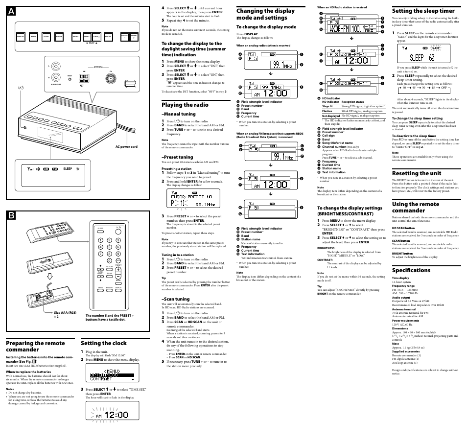 Changing the display mode and settings, Setting the sleep timer, Resetting the unit | Using the remote commander, Specifications, Playing the radio, Preparing the remote commander, Setting the clock | Sony XDR-F1HD User Manual | Page 2 / 2