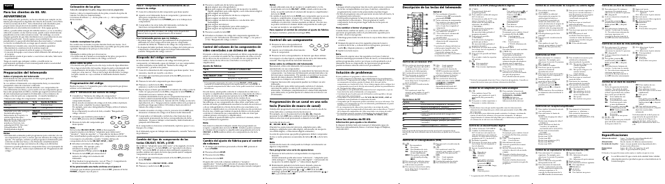 Para los clientes de ee. uu. advertencia, Preparación del telemando, Descripción de las teclas del telemando | Especificaciones, Control de un componente, Solución de problemas, Colocación de las pilas, Programación del código, Búsqueda del código correcto, Para los clientes de ee.uu | Sony RM-V302 User Manual | Page 2 / 2