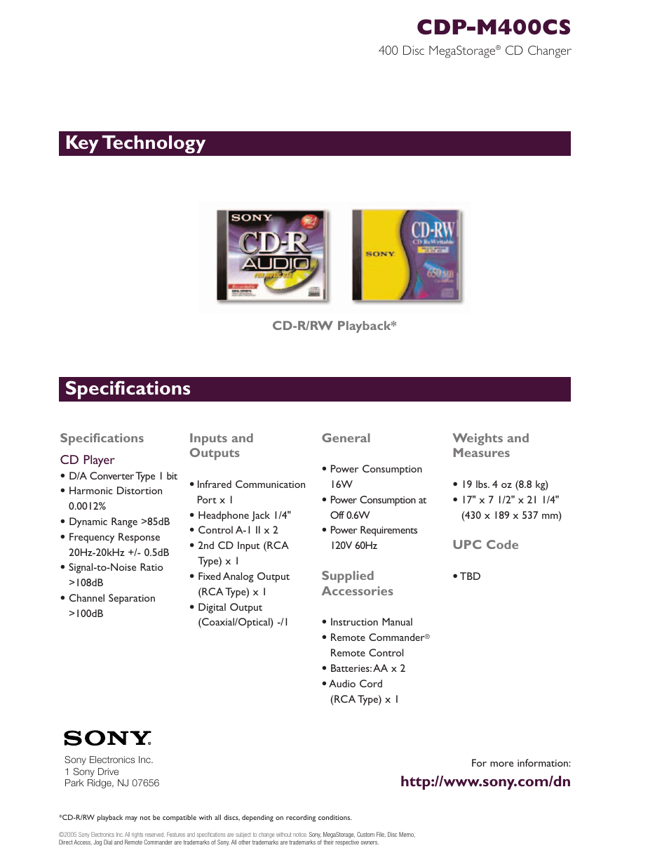 Cdp-m400cs, Specifications, Key technology | Sony CDP-M400CS User Manual | Page 2 / 2