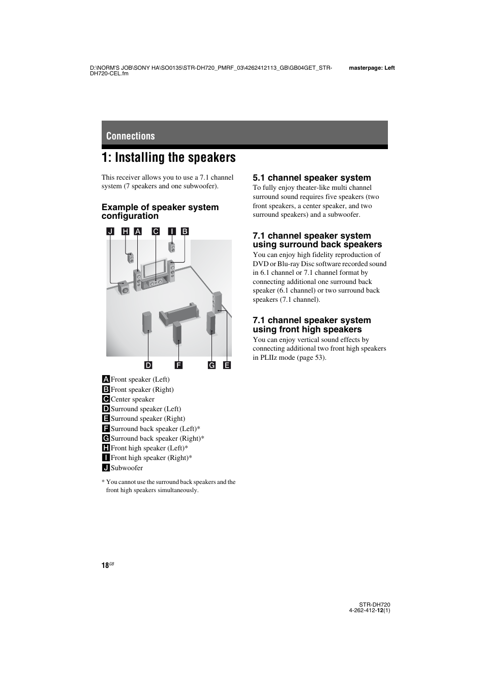 Connections, Installing the speakers, E 18, 20) | Sony STR-DH720HP User Manual | Page 18 / 88