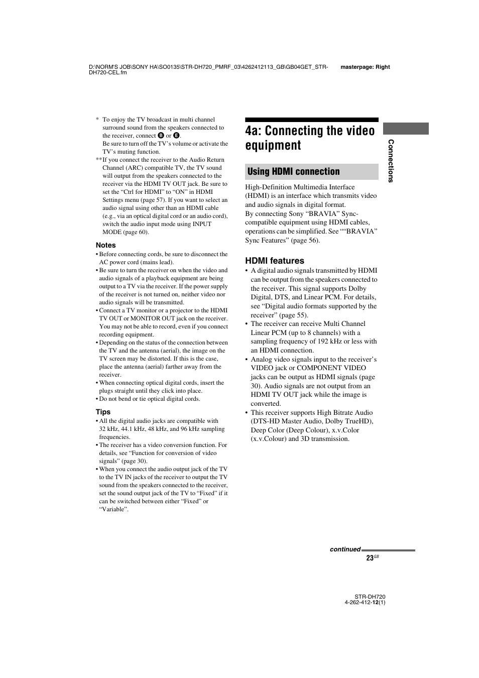 4a: connecting the video equipment, Using hdmi connection, Hdmi features | Sony STR-DH720HP User Manual | Page 23 / 88