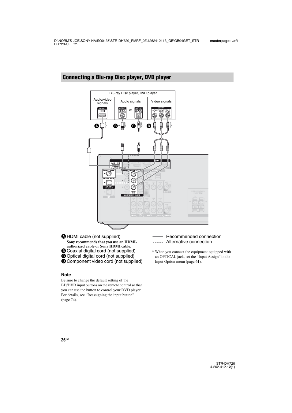 Connecting a blu-ray disc player, dvd player | Sony STR-DH720HP User Manual | Page 26 / 88