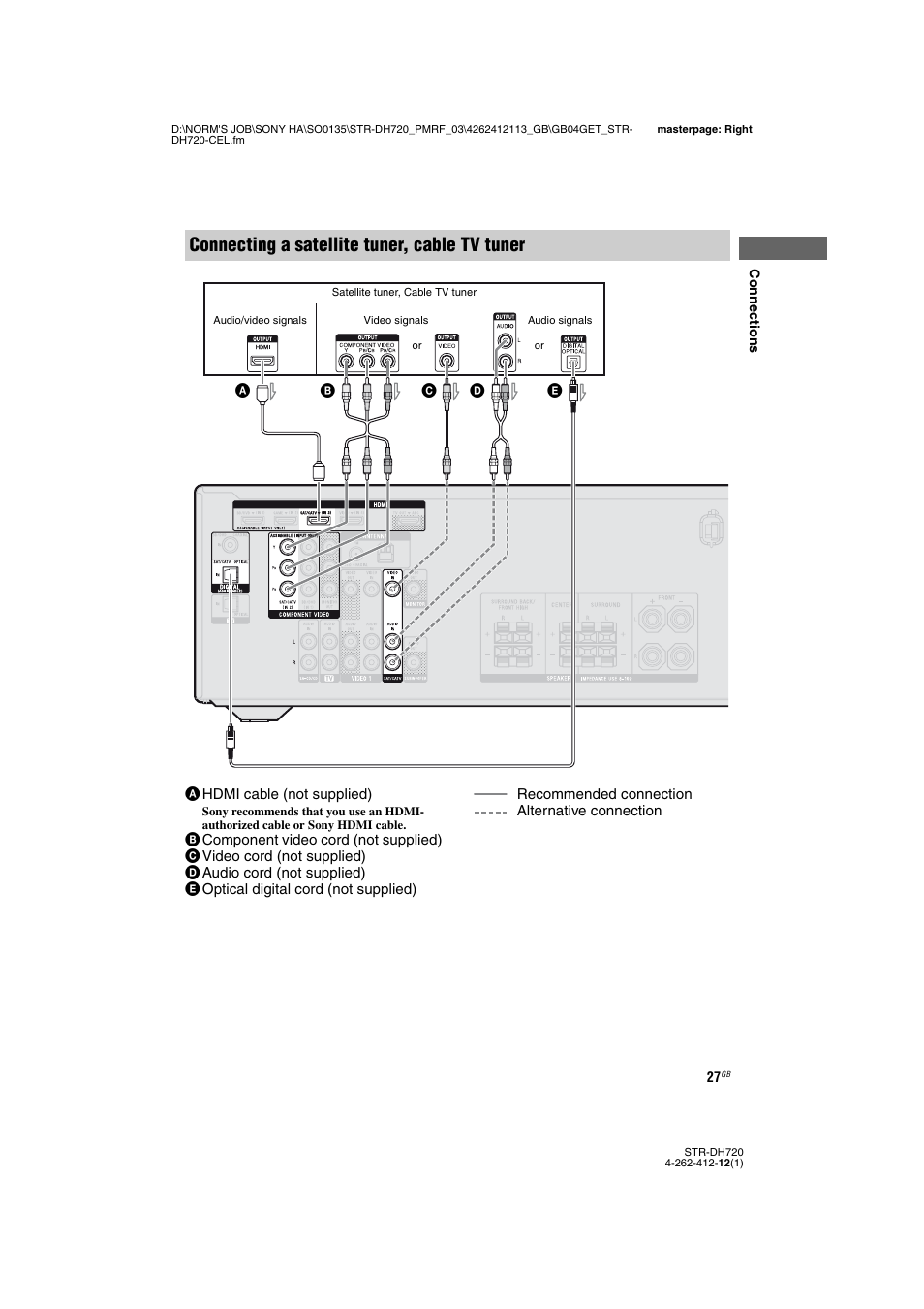 Connecting a satellite tuner, cable tv tuner | Sony STR-DH720HP User Manual | Page 27 / 88
