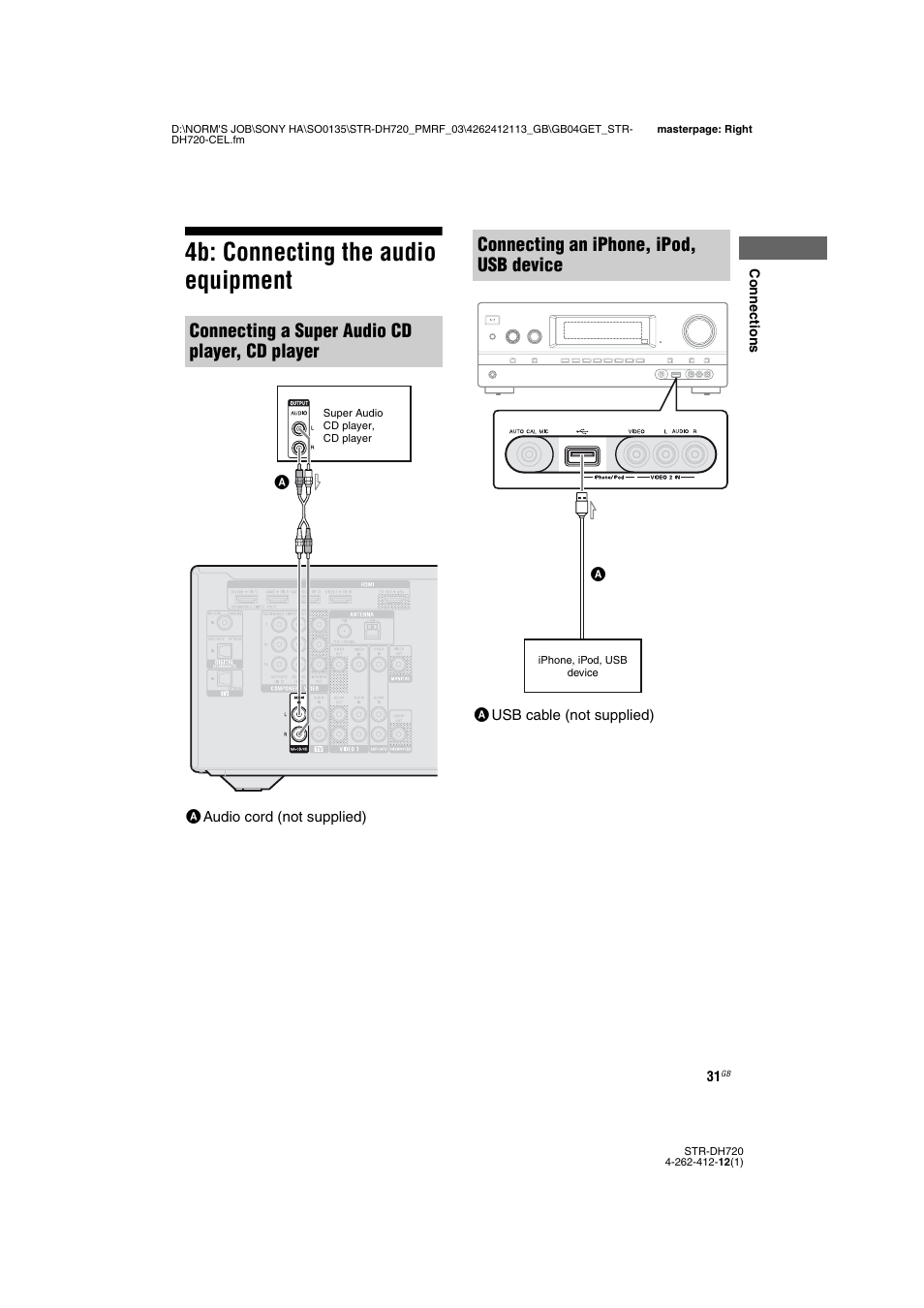4b: connecting the audio equipment, Connecting a super audio cd player, cd player, Connecting an iphone, ipod, usb device | Sony STR-DH720HP User Manual | Page 31 / 88