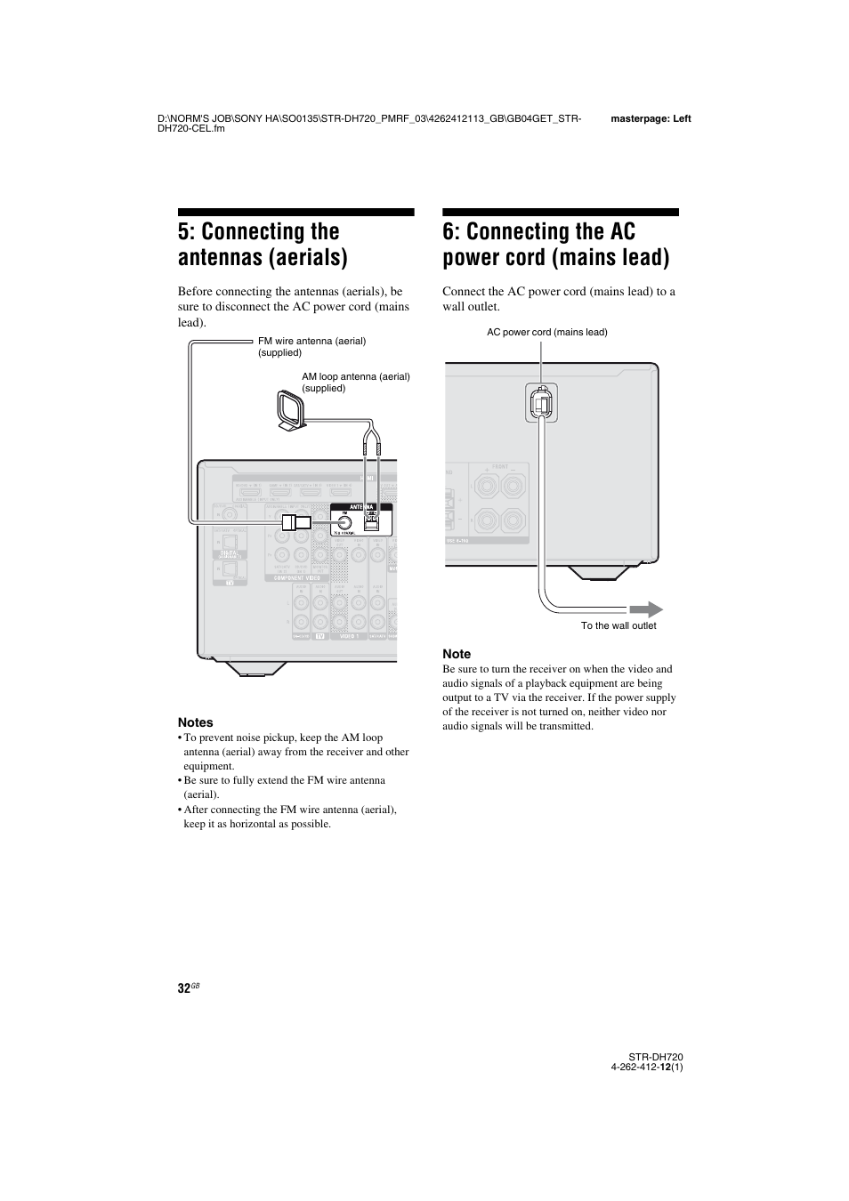 Connecting the antennas (aerials), Connecting the ac power cord (mains lead), Mains lead) | Sony STR-DH720HP User Manual | Page 32 / 88