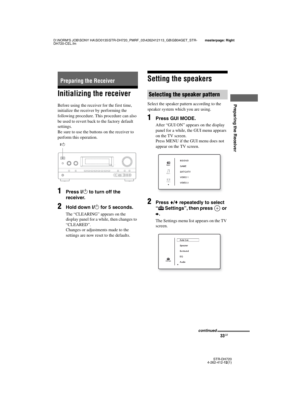 Preparing the receiver, Initializing the receiver, Setting the speakers | Initializing the receiver setting the speakers, E 33 | Sony STR-DH720HP User Manual | Page 33 / 88