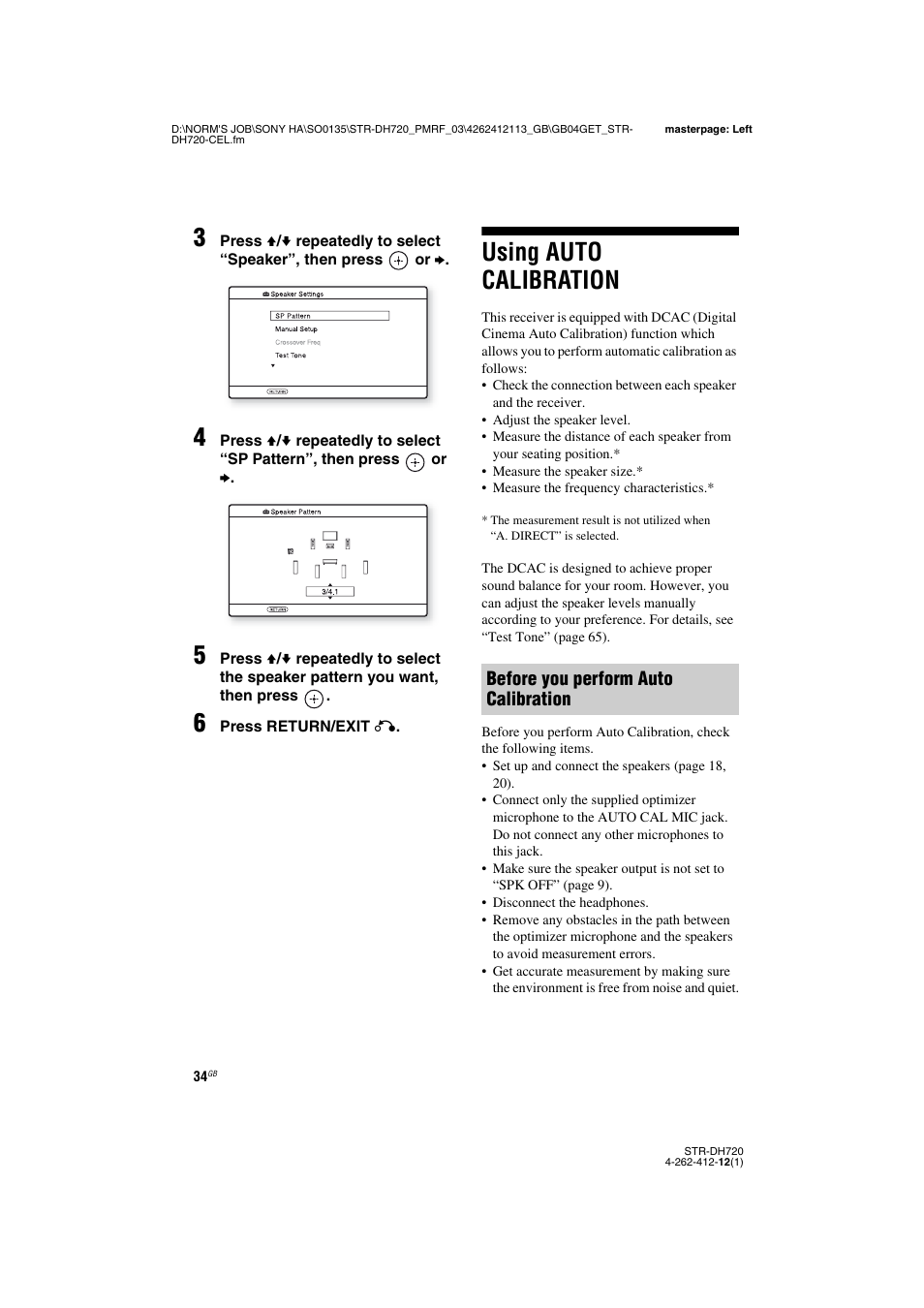 Using auto calibration, Before you perform auto calibration | Sony STR-DH720HP User Manual | Page 34 / 88