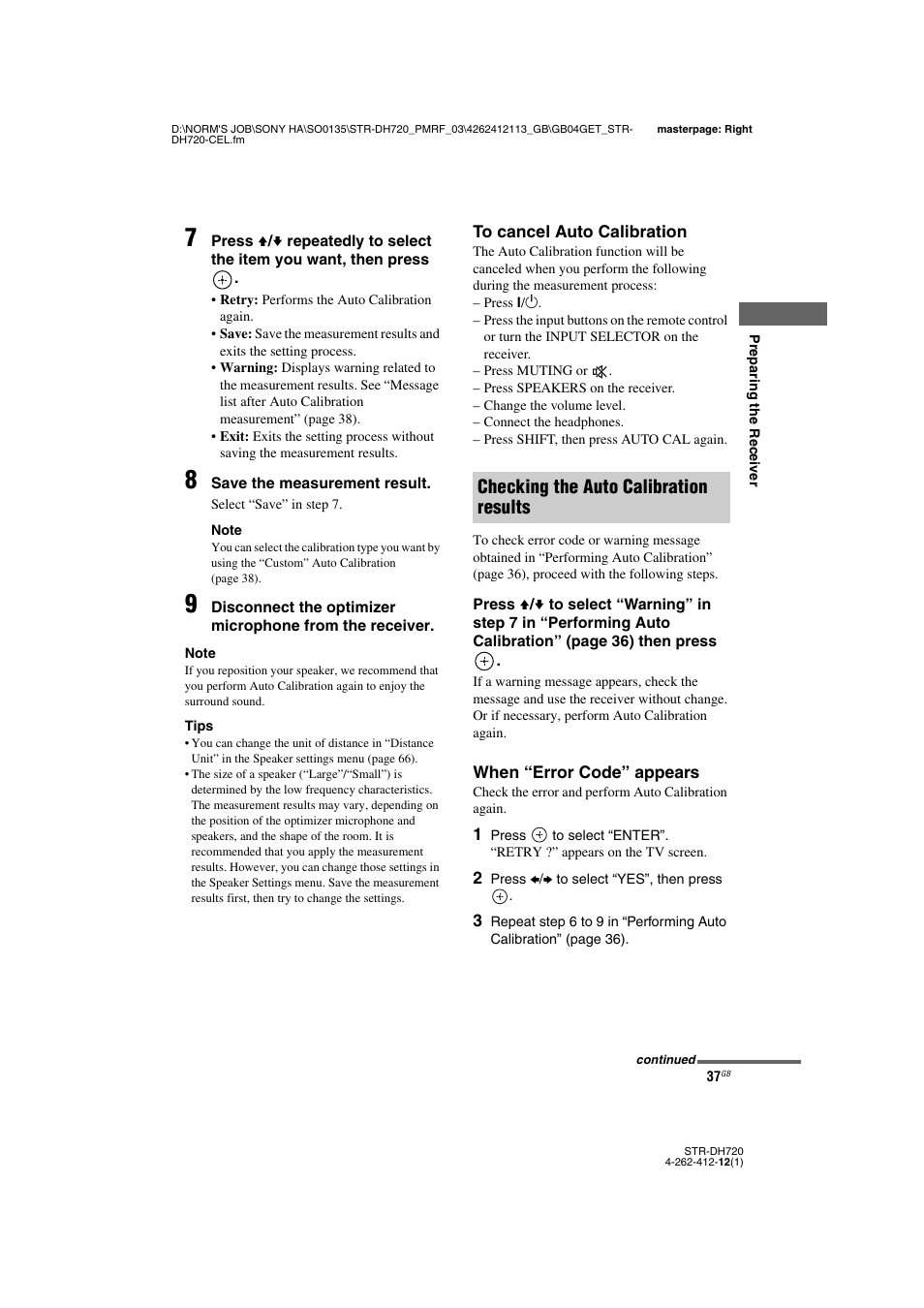 Checking the auto calibration results | Sony STR-DH720HP User Manual | Page 37 / 88