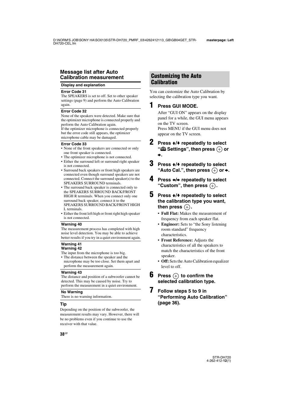 Customizing the auto calibration | Sony STR-DH720HP User Manual | Page 38 / 88