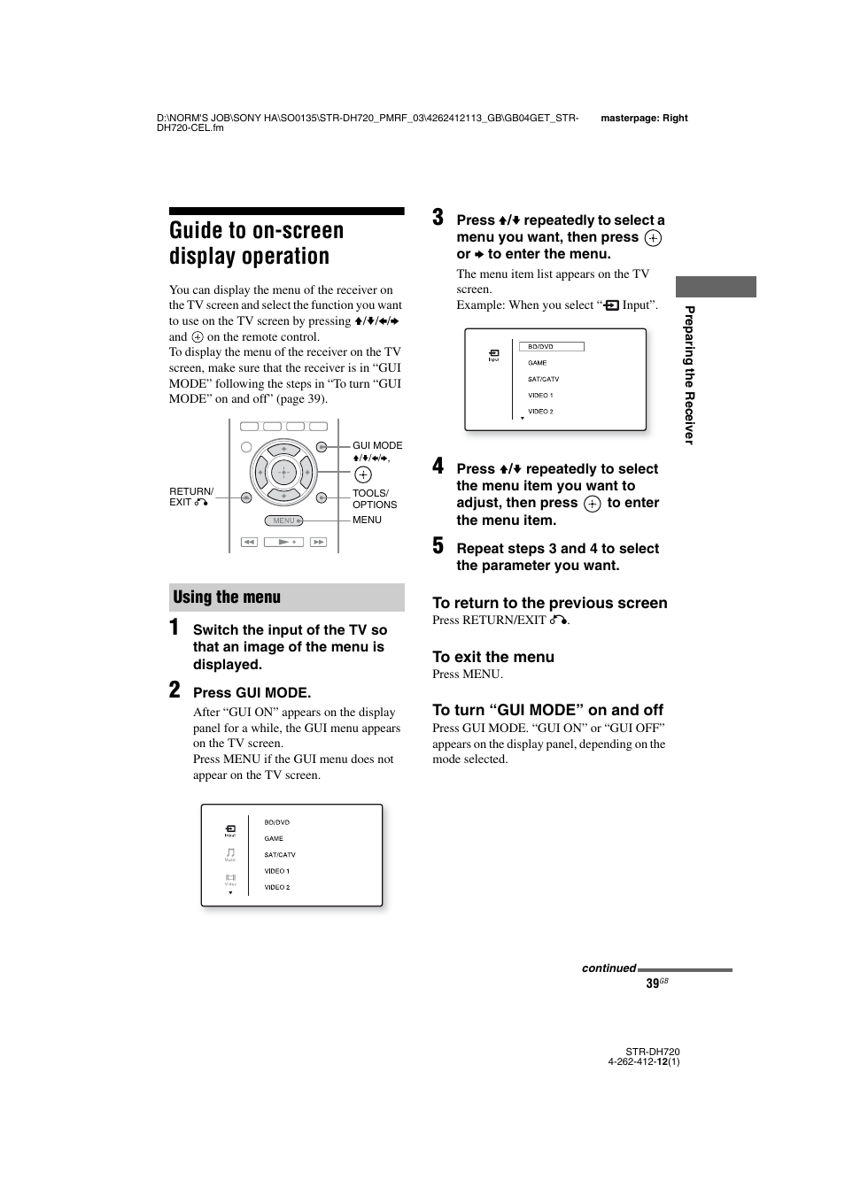 Guide to on-screen display operation, Using the menu | Sony STR-DH720HP User Manual | Page 39 / 88