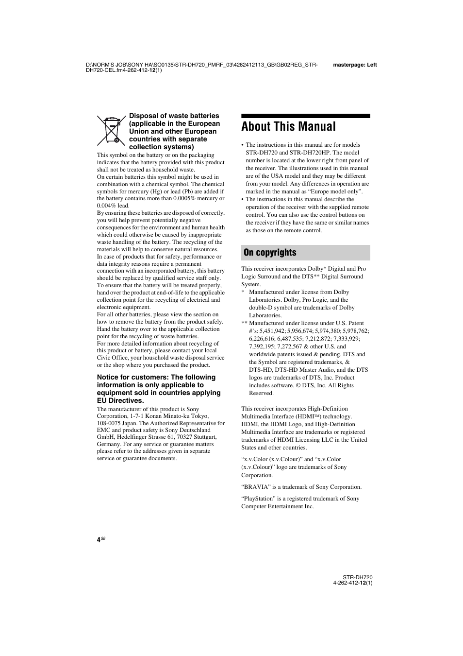 About this manual, On copyrights | Sony STR-DH720HP User Manual | Page 4 / 88