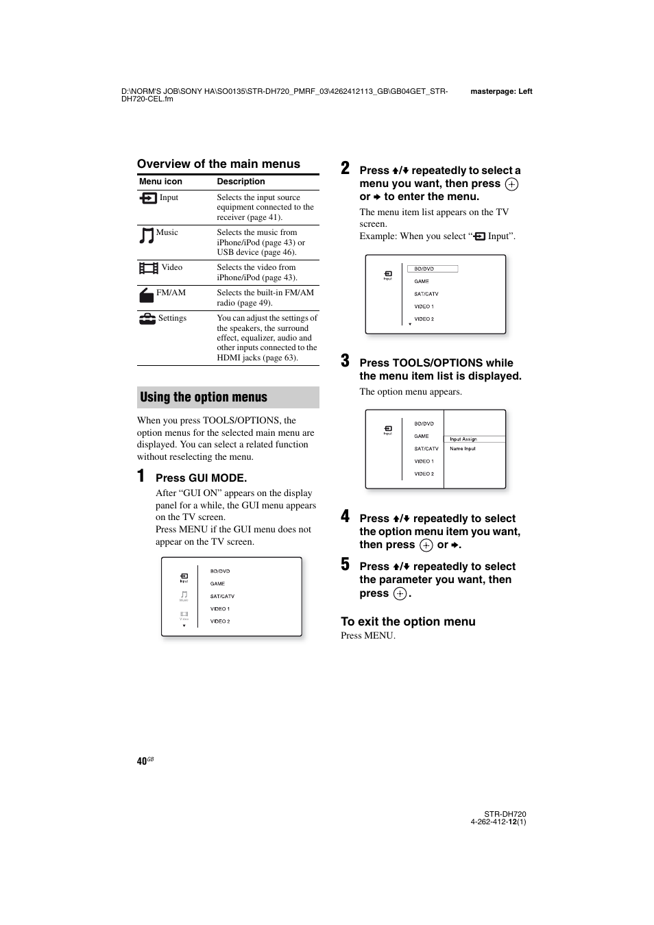 Using the option menus | Sony STR-DH720HP User Manual | Page 40 / 88