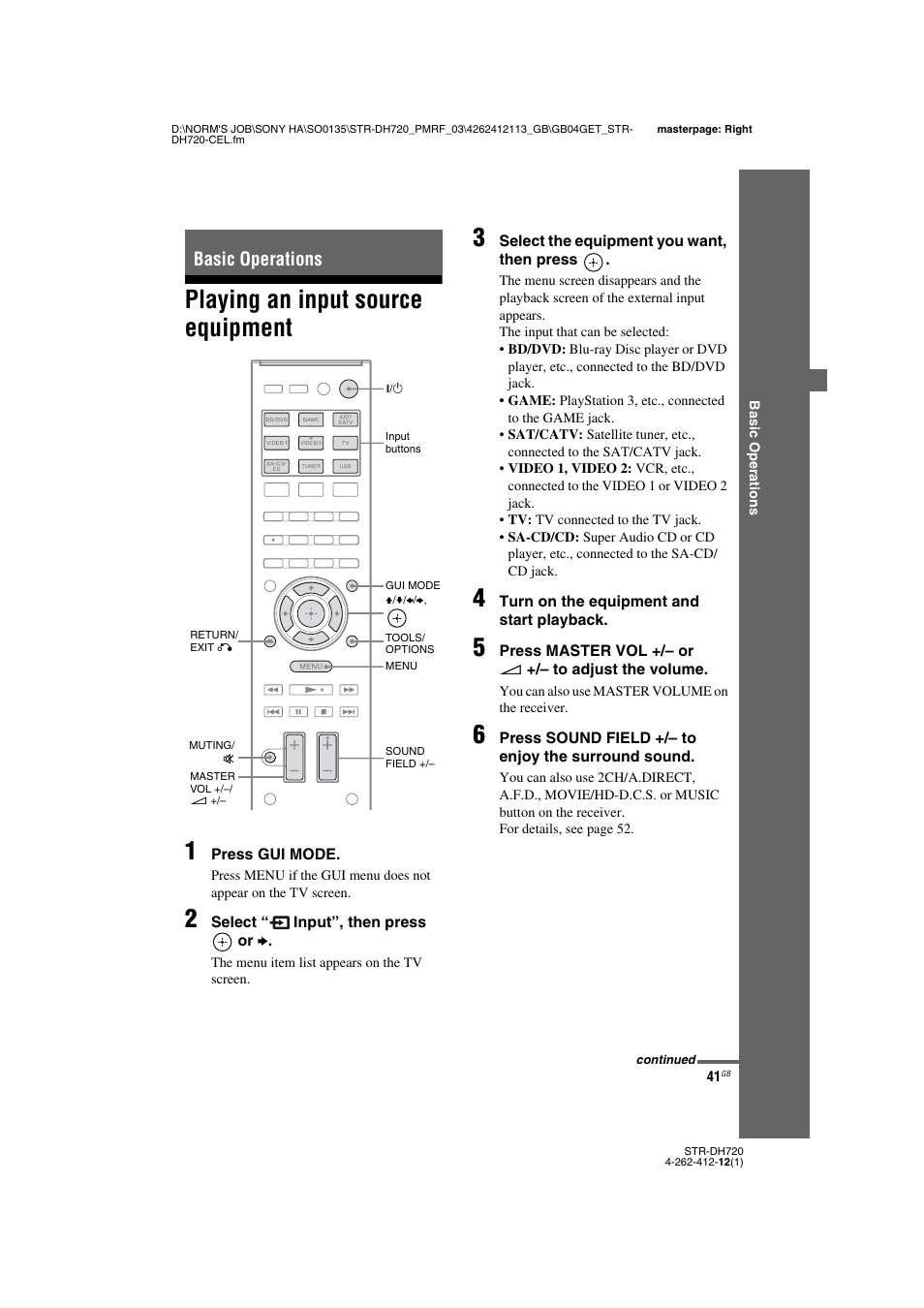 Basic operations, Playing an input source equipment, E 41, 42 | Playing an input source equipment 1 | Sony STR-DH720HP User Manual | Page 41 / 88