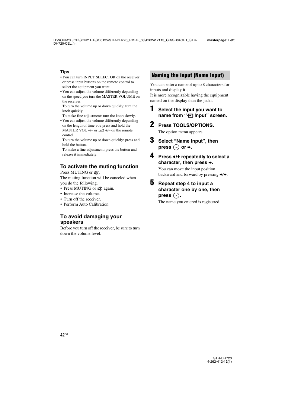 E 42, 48, Naming the input (name input) | Sony STR-DH720HP User Manual | Page 42 / 88