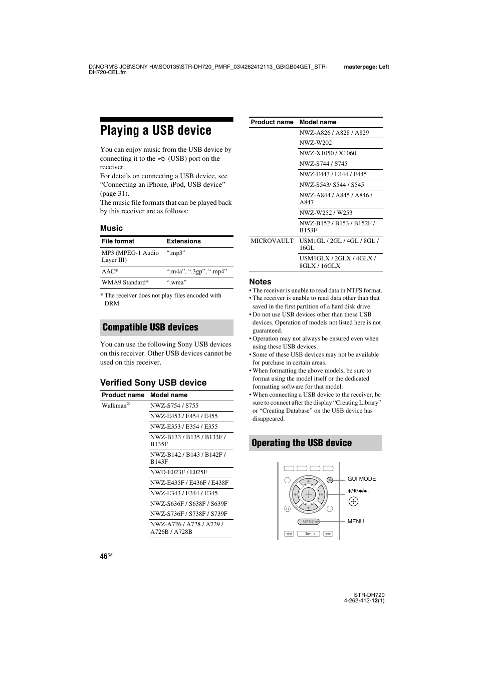 Playing a usb device, Compatible usb devices, Operating the usb device | Verified sony usb device | Sony STR-DH720HP User Manual | Page 46 / 88