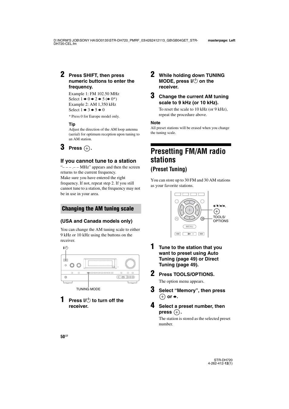 Presetting fm/am radio stations (preset tuning), Presetting fm/am radio stations, Preset tuning) | Sony STR-DH720HP User Manual | Page 50 / 88