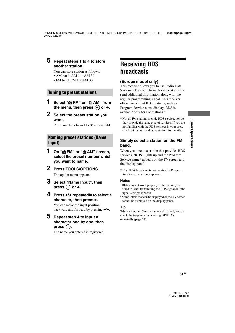 Receiving rds broadcasts, Europe model only), E 51, 74) | Sony STR-DH720HP User Manual | Page 51 / 88